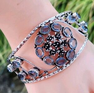 Vintage Sterling Silver 925 Wide Cuff Bracelet Faceted Gray Blue Oval Stones